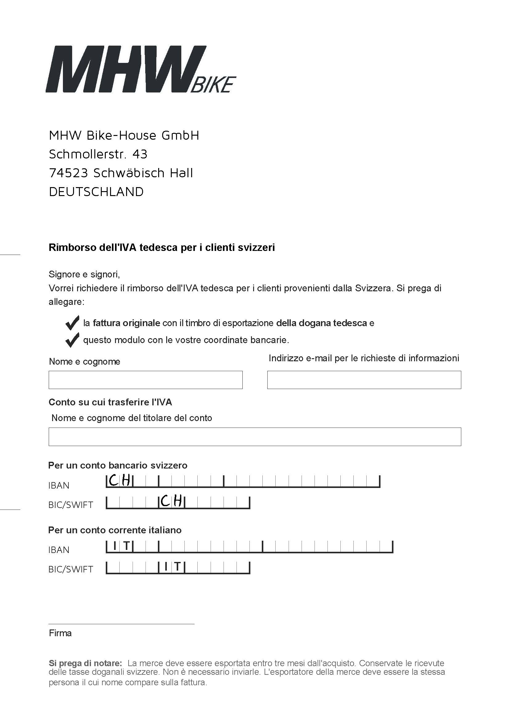 Scarica il modulo di rimborso per i clienti svizzeri