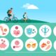 Grafik mit den gesundheitlichen Vorteilen des Fahrradfahrens, darunter Gewichtsabnahme, Muskelstärkung, Stressabbau, und Stärkung des Immunsystems. Im Vordergrund fahren ein Mann und ein Kind Fahrrad.