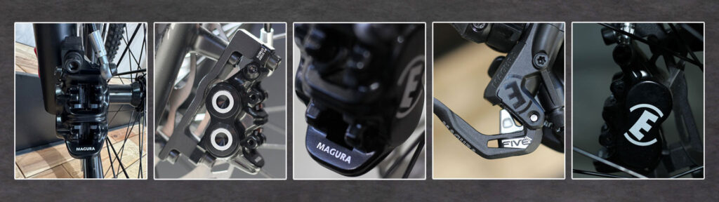 Picture collage with different angles of a Magura MT5 brake, as well as the brake lever of the Magura MT5 brake Picture collage with different angles of a Magura MT5 brake, as well as the brake lever of the Magura MT5 brake