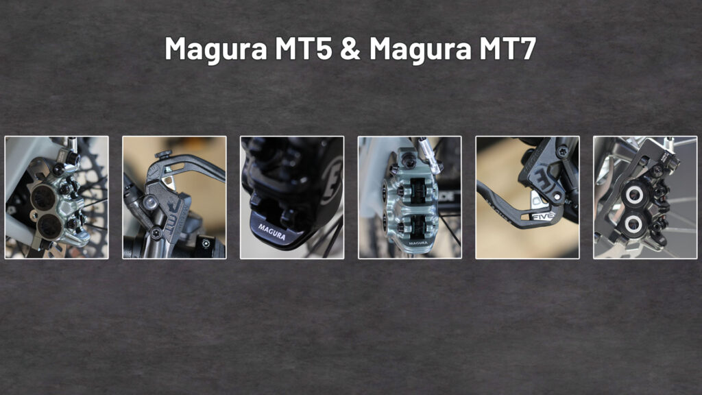 Picture collage with the title ‘Magura MT5 & Magura MT7’. It shows Magura MT5 and Magura MT7 brakes from different angles. Picture collage with the title ‘Magura MT5 & Magura MT7’. It shows Magura MT5 and Magura MT7 brakes from different angles.