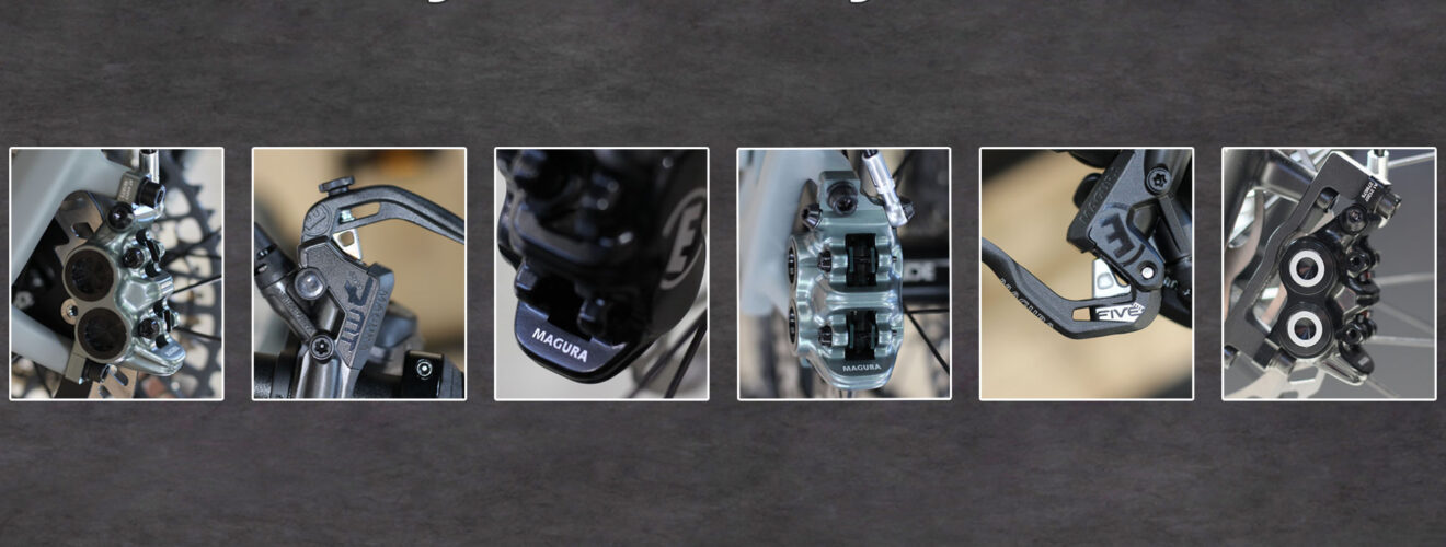 Zu sehen sind Magura MT5 und MT7 Bremsen in einer Bildcollage. Der Titel des Bildes ist "Magura MT5 & Magura MT7".