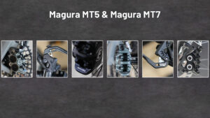 Zu sehen sind Magura MT5 und MT7 Bremsen in einer Bildcollage. Der Titel des Bildes ist "Magura MT5 & Magura MT7". Zu sehen sind Magura MT5 und MT7 Bremsen in einer Bildcollage. Der Titel des Bildes ist "Magura MT5 & Magura MT7".