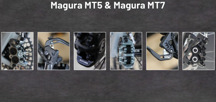 Zu sehen sind Magura MT5 und MT7 Bremsen in einer Bildcollage. Der Titel des Bildes ist "Magura MT5 & Magura MT7".