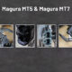 Zu sehen sind Magura MT5 und MT7 Bremsen in einer Bildcollage. Der Titel des Bildes ist "Magura MT5 & Magura MT7".