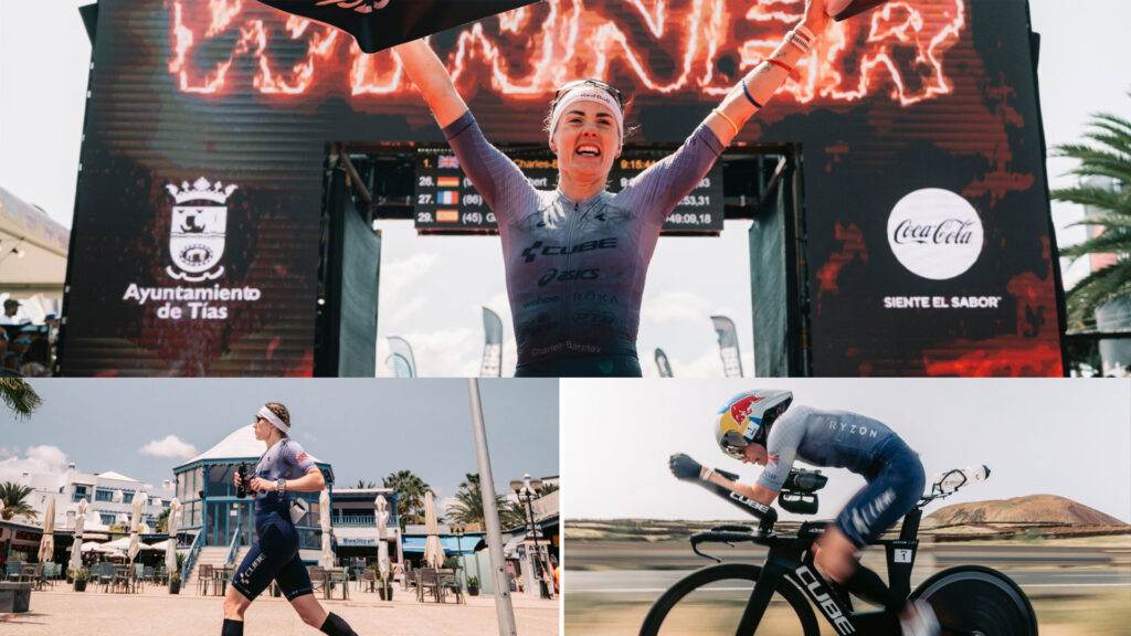 Lucy Charles-Barclay anima con los brazos en alto en la meta del Ironman Lanzarote. También se ve una foto suya haciendo footing y otra en bicicleta durante la carrera. Lucy Charles-Barclay anima con los brazos en alto en la meta del Ironman Lanzarote. También se ve una foto suya haciendo footing y otra en bicicleta durante la carrera.