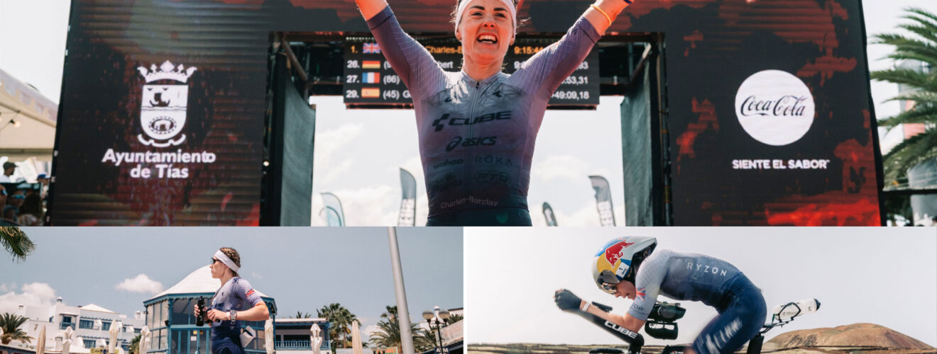 Lucy Charles-Barclay jubelt mit erhobenen Armen im Ziel des Ironman Lanzarote, darunter ein Bild beim Joggen und eines beim Rennradfahren während des Wettkampfs