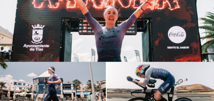 Lucy Charles-Barclay jubelt mit erhobenen Armen im Ziel des Ironman Lanzarote, darunter ein Bild beim Joggen und eines beim Rennradfahren während des Wettkampfs
