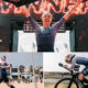 Lucy Charles-Barclay jubelt mit erhobenen Armen im Ziel des Ironman Lanzarote, darunter ein Bild beim Joggen und eines beim Rennradfahren während des Wettkampfs