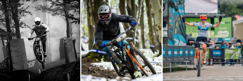 Tres ciclistas de montaña en acción en la competición: descenso, enduro y cross-country Tres ciclistas de montaña en acción en la competición: descenso, enduro y cross-country