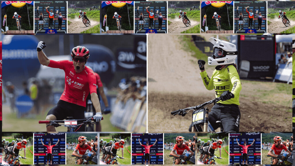 Collage di immagini delle squadre CUBE alla Coppa del Mondo UCI MTB in Val di Sole - gara e podio Collage di immagini delle squadre CUBE alla Coppa del Mondo UCI MTB in Val di Sole - gara e podio