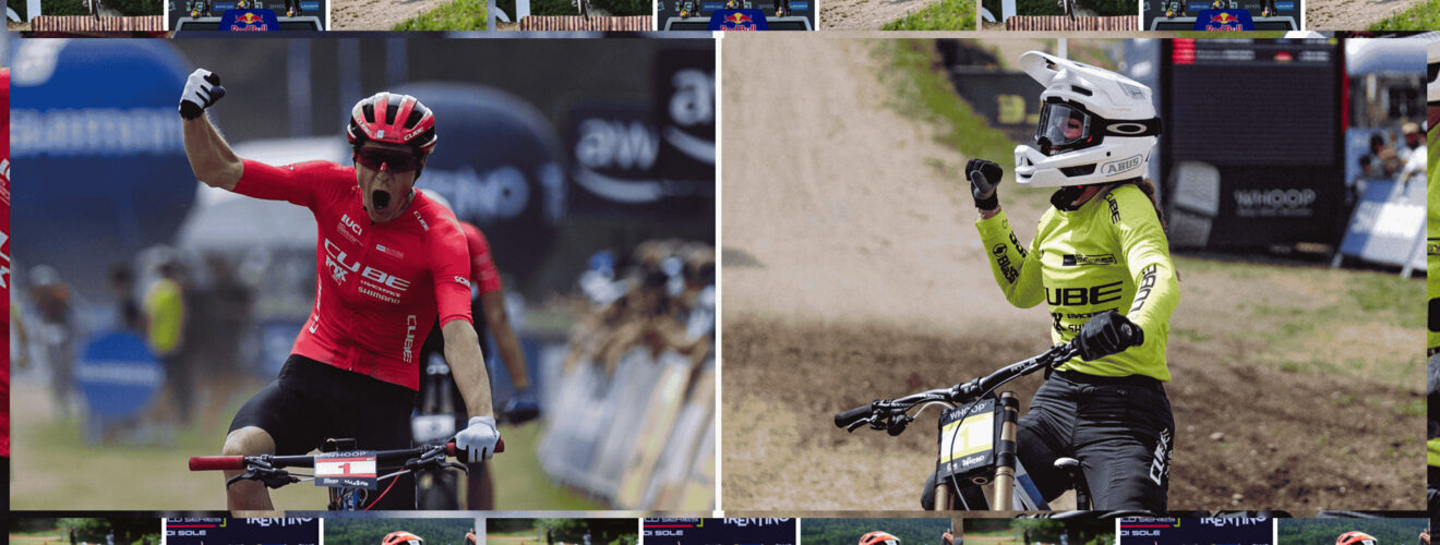 Bildcollage der CUBE Teams beim UCI MTB World Cup in Val di Sole – Rennen und Podium