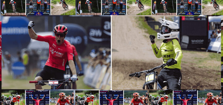 Bildcollage der CUBE Teams beim UCI MTB World Cup in Val di Sole – Rennen und Podium