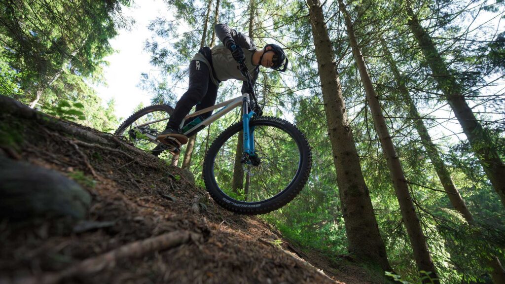 Radfahrer fährt mit einem Cube 2026 MTB Hardtail den Berg hinunter