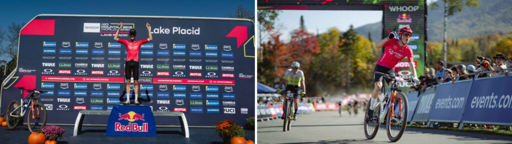 Finn Treudler feiert seinen Sieg auf dem Podium und beim Überqueren der Ziellinie mit seinem CUBE Bike. Finn Treudler viert zijn overwinning op het podium en bij het overschrijden van de finishlijn met zijn CUBE-fiets.