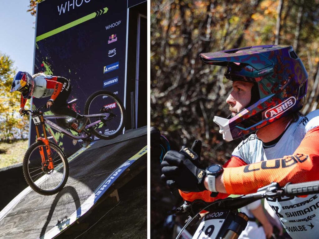 Een CUBE Factory Racing-renster rijdt met de CUBE Two15 van een helling, terwijl een teamgenoot met een ABUS fullface-helm gefocust vooruit kijkt. Een CUBE Factory Racing-renster rijdt met de CUBE Two15 van een helling, terwijl een teamgenoot met een ABUS fullface-helm gefocust vooruit kijkt.