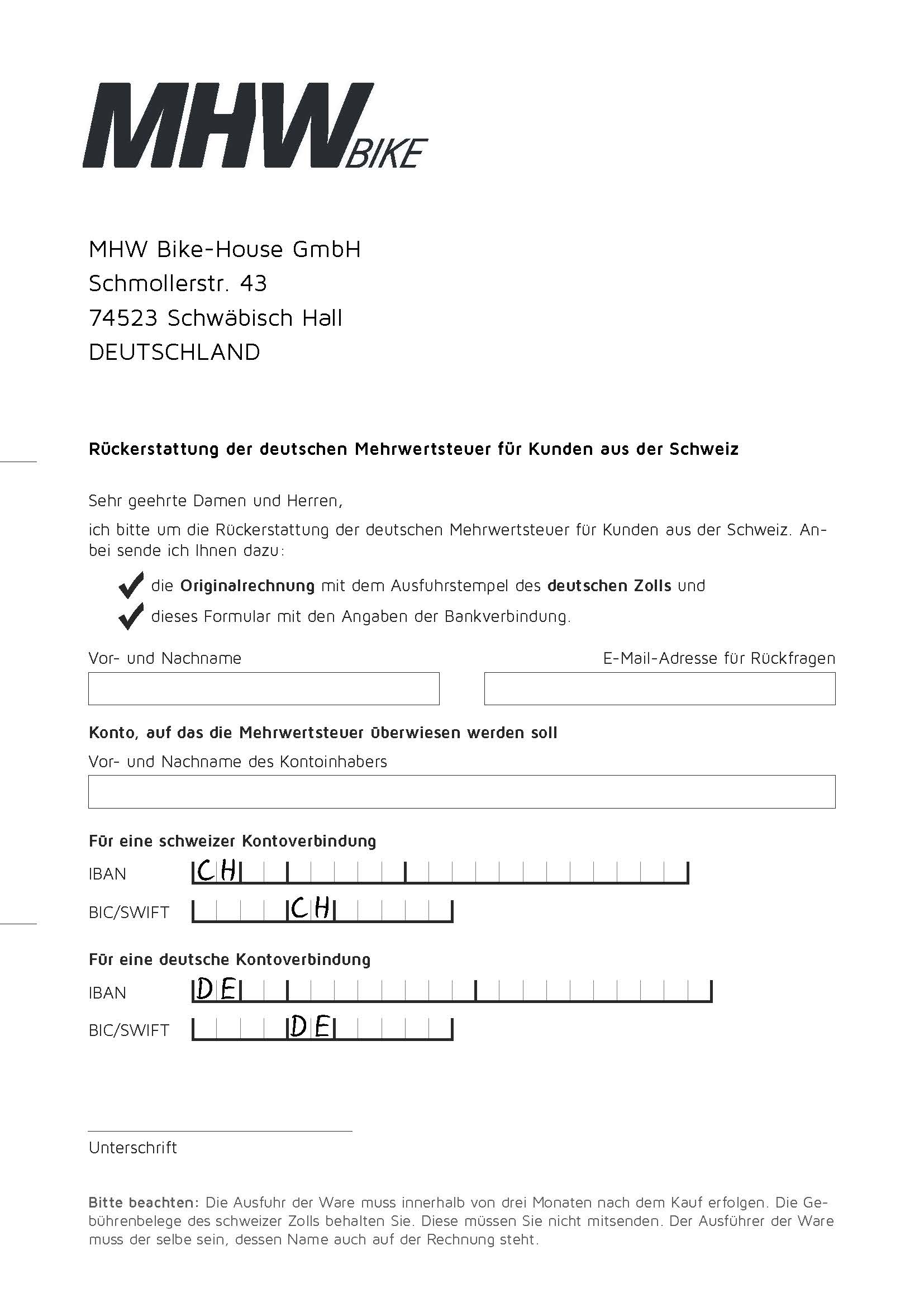 Download Formular Rückerstattung Schweizer Kunden